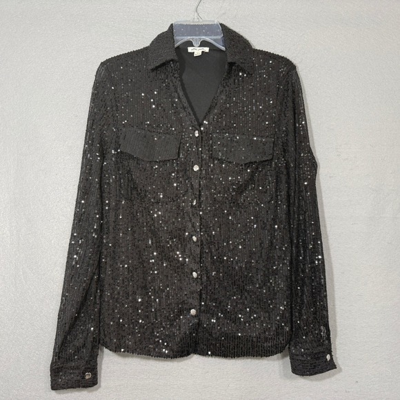 Ultra Pink Tops - Ultra Pink Sequin Button Front Black Women Blouse Size S Glam Party Going Out